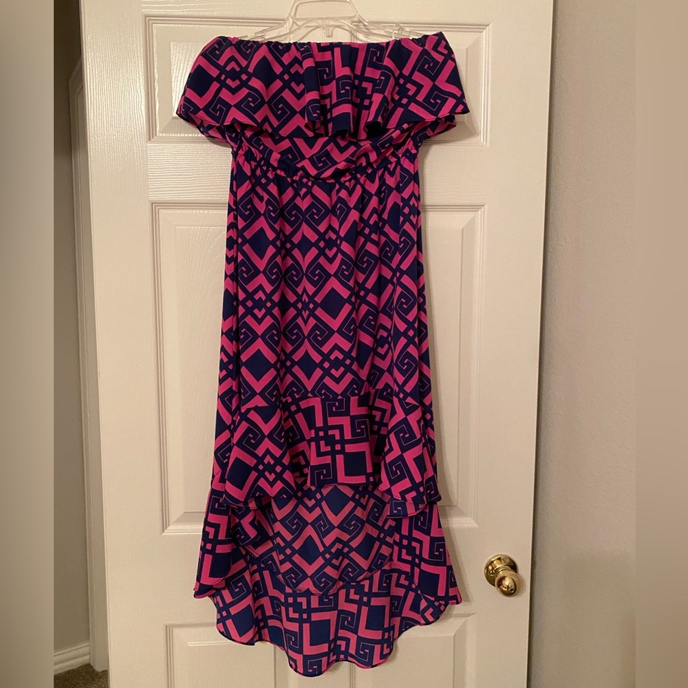 Pink and blue off-shoulder ruffled hi-lo dress